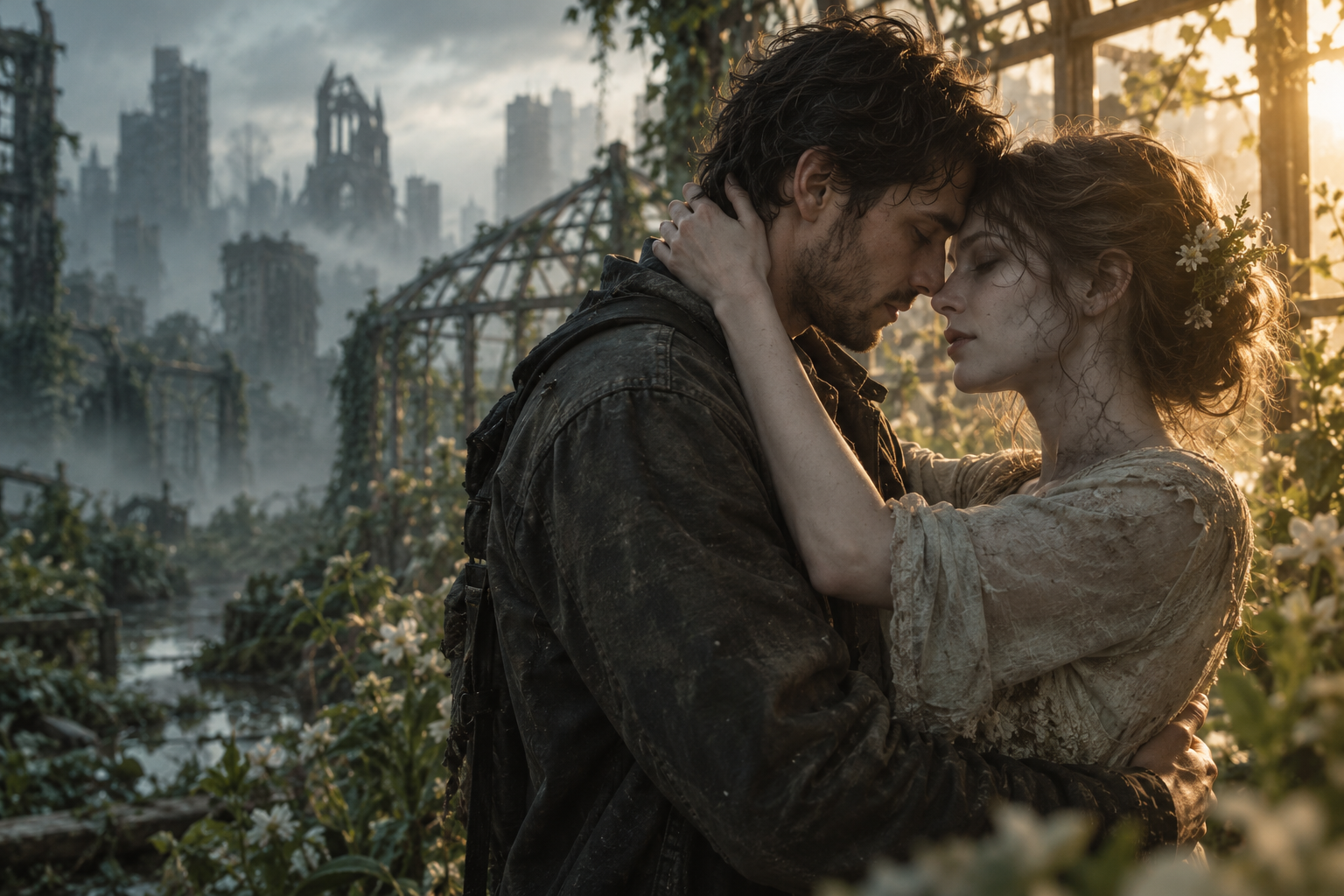 An adult couple embracing in an abandoned greenhouse, between cold ruins and warm sunlight